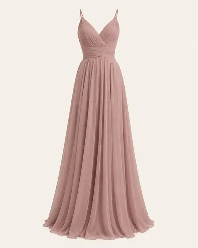 Abito lungo in chiffon rosa antico su fondo avorio