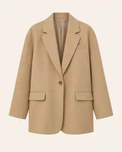 Blazer oversize donna color cammello su fondo avorio
