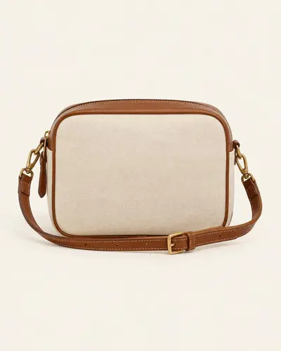 Camera bag in tela beige con finiture in pelle su fondo avorio