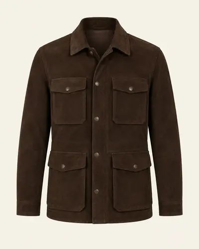 Field jacket uomo in suede marrone su fondo avorio