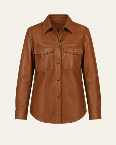 Giacca camicia in pelle color cognac su fondo avorio