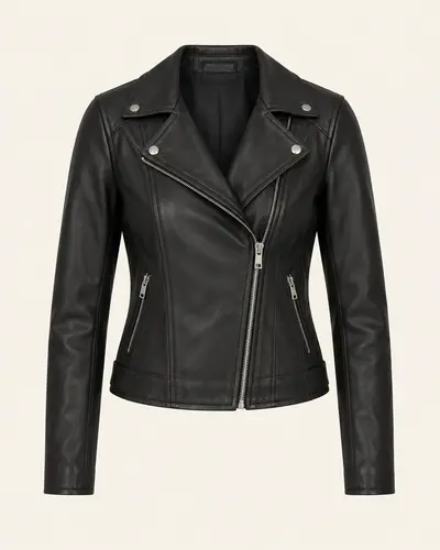 Giacca biker in pelle nera da donna su fondo avorio