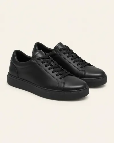 Sneakers nere in pelle total black su fondo avorio