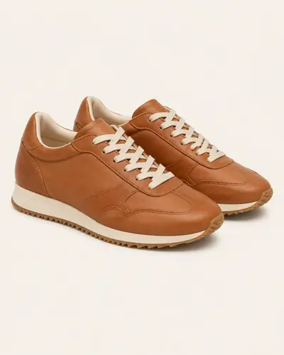 Sneakers retrò in pelle color cognac su fondo avorio