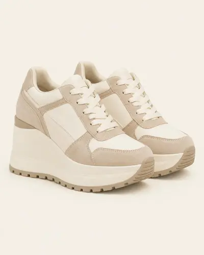 Sneakers platform con zeppa beige e panna su fondo avorio